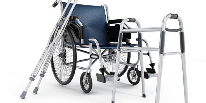 Wheelchair, crutches and walker isolated on white.